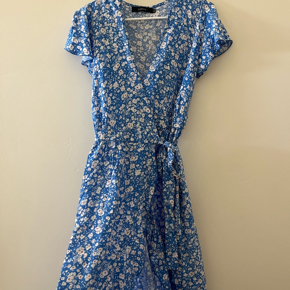 Blue floral wrap dress